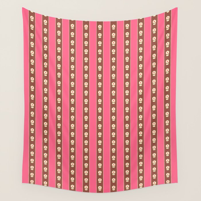 Eclectic Cottage Stripes and Flowers in Pink Brown Cream Wall Tapestry Gallery Image 1