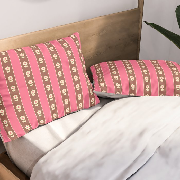 Eclectic Cottage Stripes and Flowers in Pink Brown Cream Pillow Sham Gallery Image 2