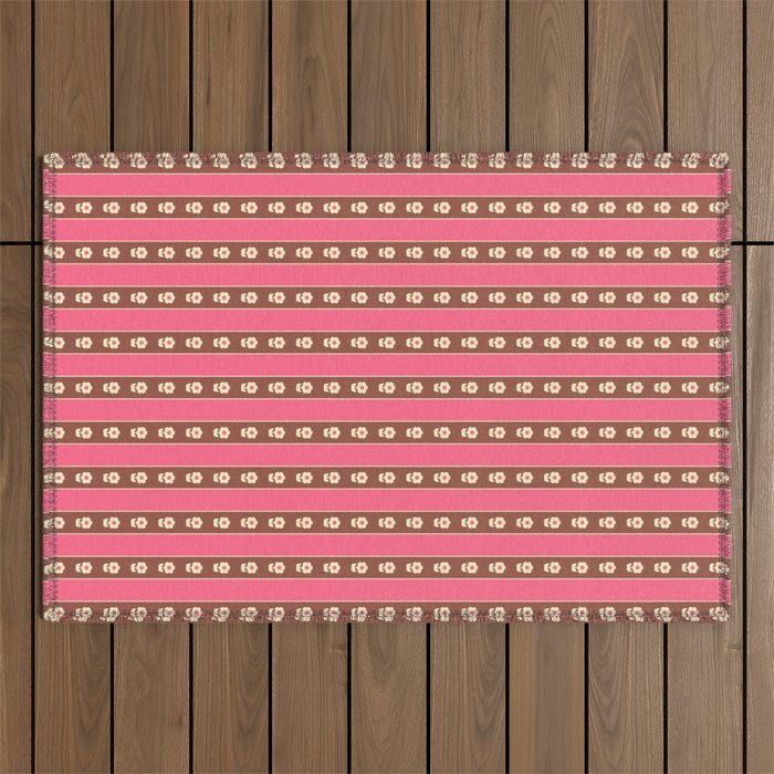 Eclectic Cottage Stripes and Flowers in Pink Brown Cream Outdoor Rug Gallery Image 1