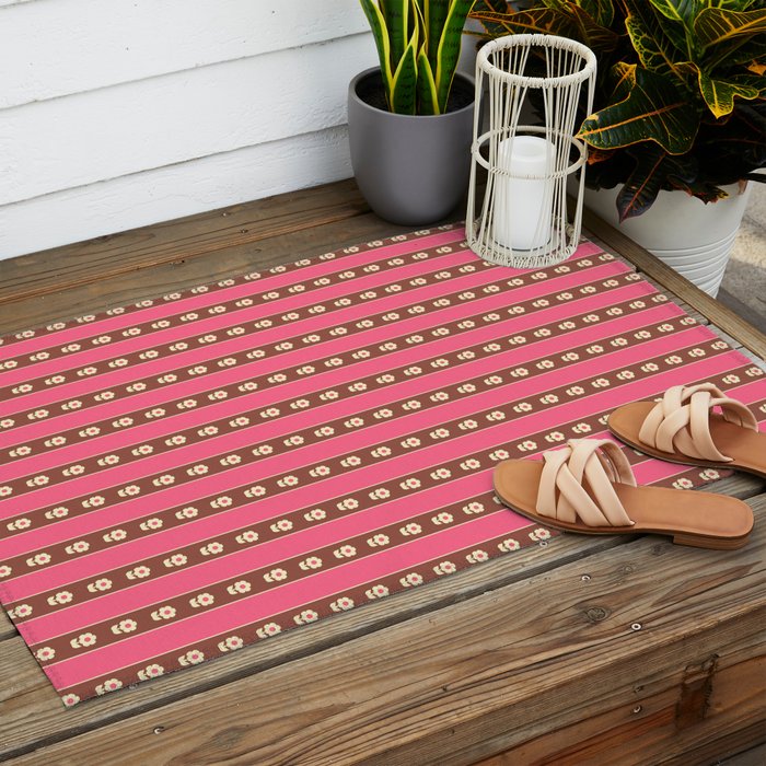 Eclectic Cottage Stripes and Flowers in Pink Brown Cream Outdoor Rug Gallery Image 2