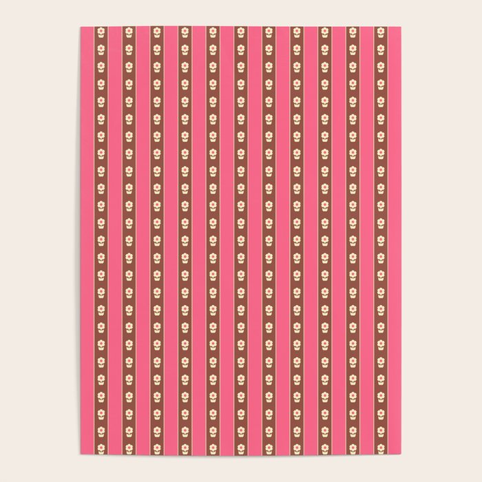 Eclectic Cottage Stripes and Flowers in Pink Brown Cream Poster Gallery Image 4
