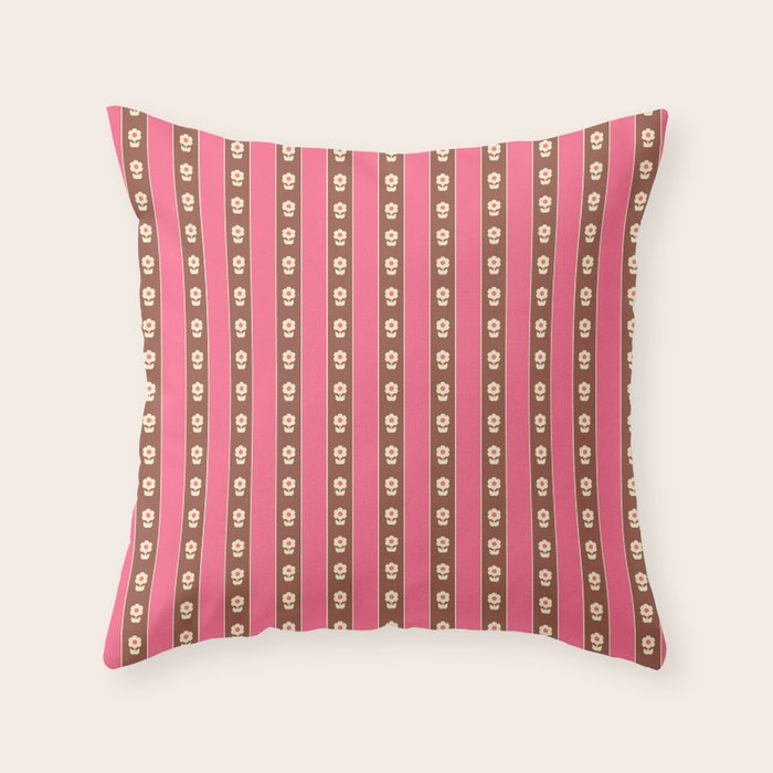 Eclectic Cottage Stripes and Flowers in Pink Brown Cream Throw Pillow Gallery Image 1