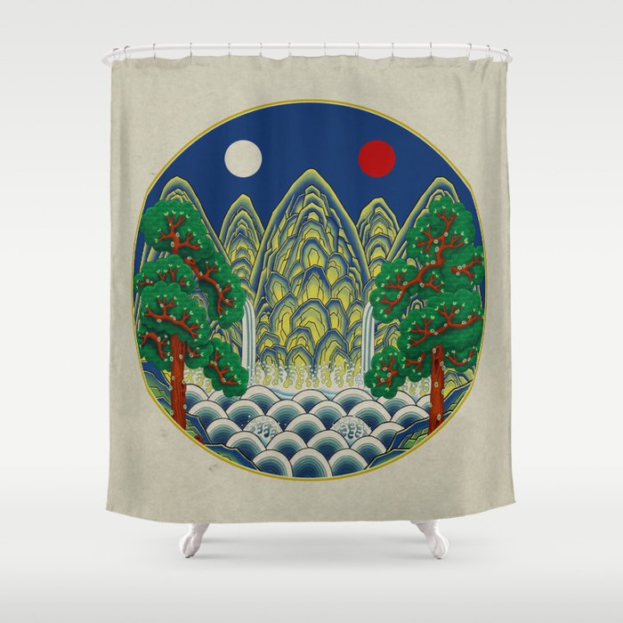 Five peaks of the sun and moon : Kingâs painting (Minhwa-Korean folk art) Shower Curtain Gallery Image 1