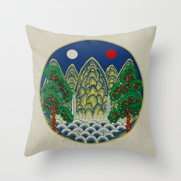 Five peaks of the sun and moon : Kingâs painting (Minhwa-Korean folk art) Throw Pillow Gallery Image 6
