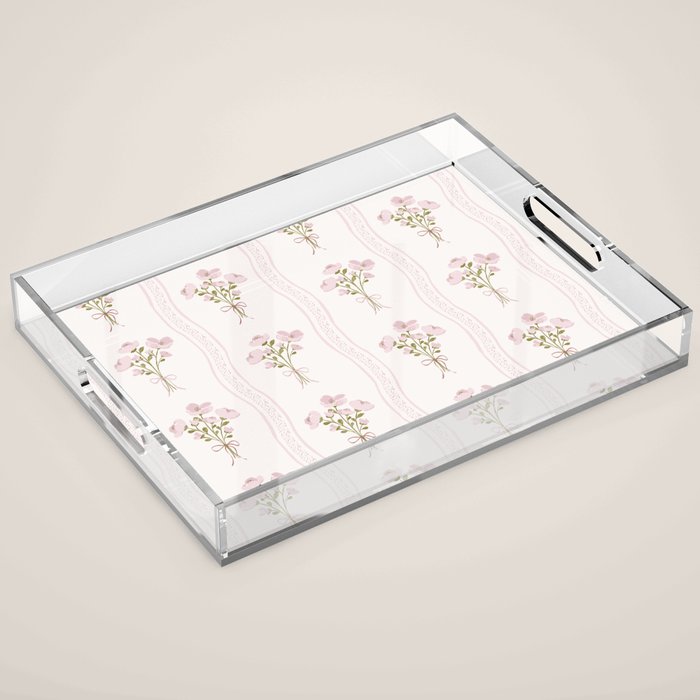 Delicate floral bouquets with vertical stripes - Pink and moss green pattern Acrylic Tray Gallery Image 1