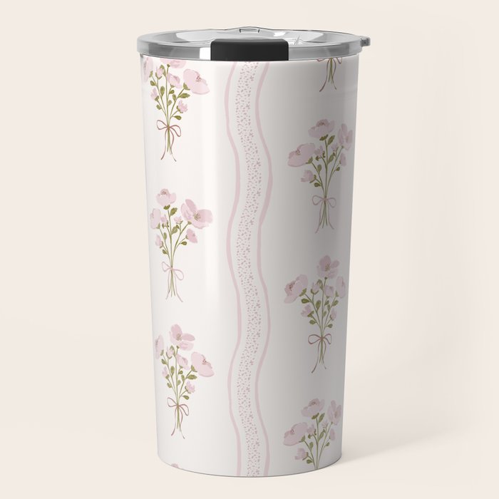 Delicate floral bouquets with vertical stripes - Pink and moss green pattern Travel Mug Gallery Image 1