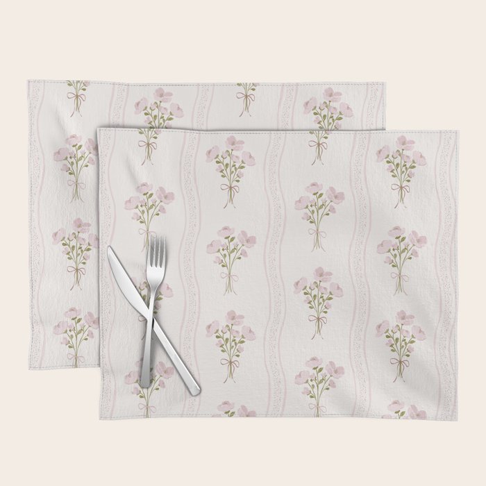 Delicate floral bouquets with vertical stripes - Pink and moss green pattern Placemat Gallery Image 1