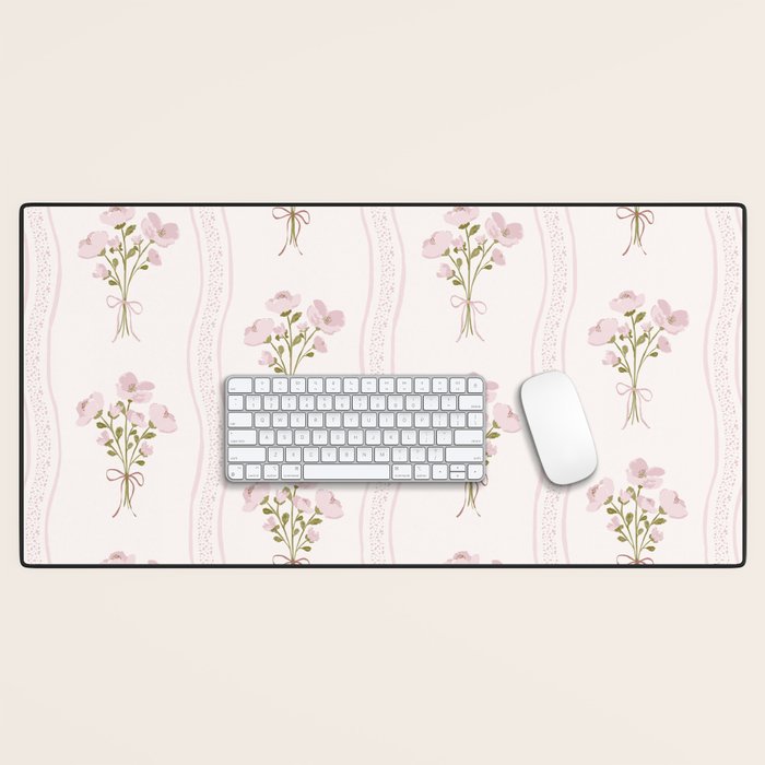 Delicate floral bouquets with vertical stripes - Pink and moss green pattern Desk Mat Gallery Image 1