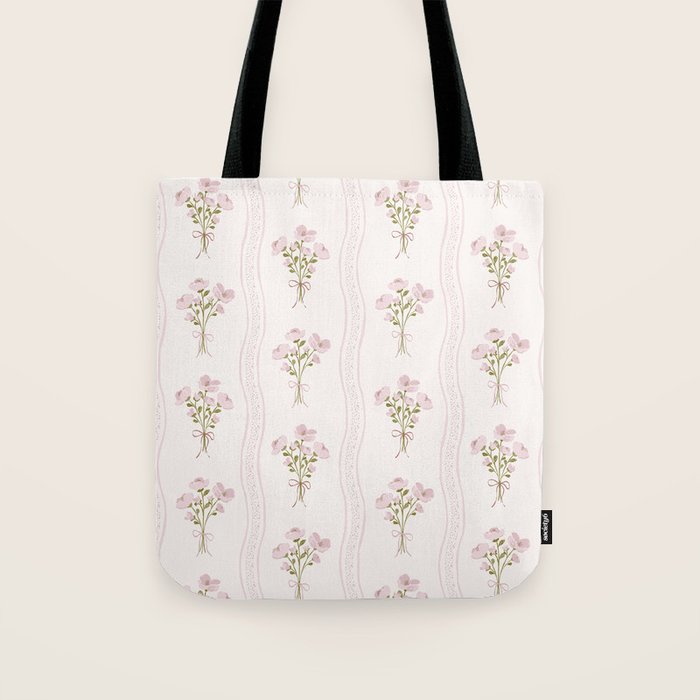 Delicate floral bouquets with vertical stripes - Pink and moss green pattern Tote Bag Gallery Image 1