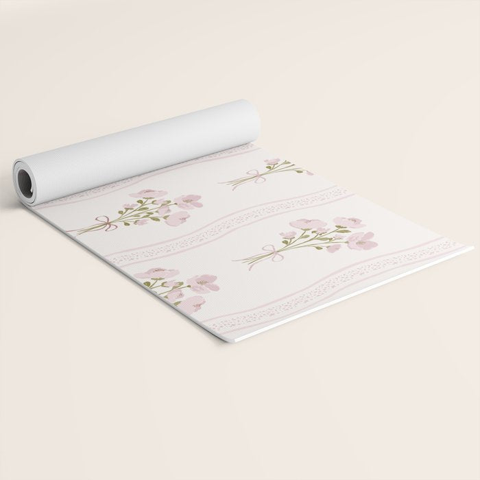 Delicate floral bouquets with vertical stripes - Pink and moss green pattern Yoga Mat Gallery Image 2