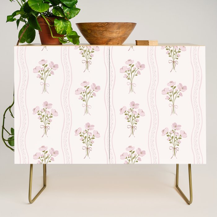 Delicate floral bouquets with vertical stripes - Pink and moss green pattern Credenza Gallery Image 1