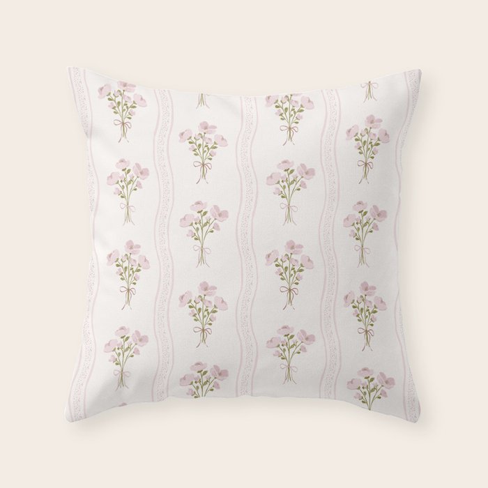 Delicate floral bouquets with vertical stripes - Pink and moss green pattern Throw Pillow Gallery Image 1