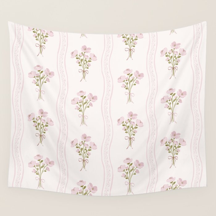 Delicate floral bouquets with vertical stripes - Pink and moss green pattern Wall Tapestry Gallery Image 4