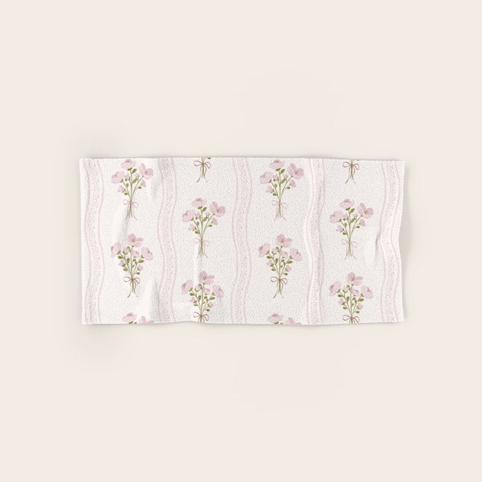 Delicate floral bouquets with vertical stripes - Pink and moss green pattern Bath Towel Gallery Image 1