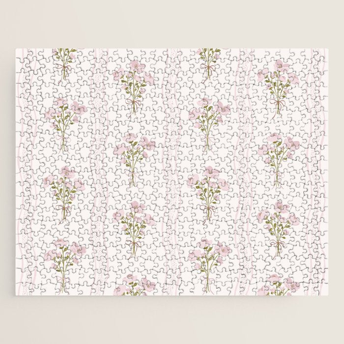 Delicate floral bouquets with vertical stripes - Pink and moss green pattern Jigsaw Puzzle Gallery Image 1