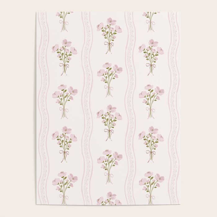 Delicate floral bouquets with vertical stripes - Pink and moss green pattern Poster Gallery Image 4