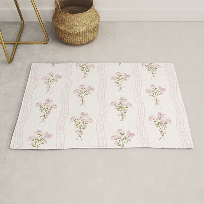 Delicate floral bouquets with vertical stripes - Pink and moss green pattern Rug Gallery Image 1