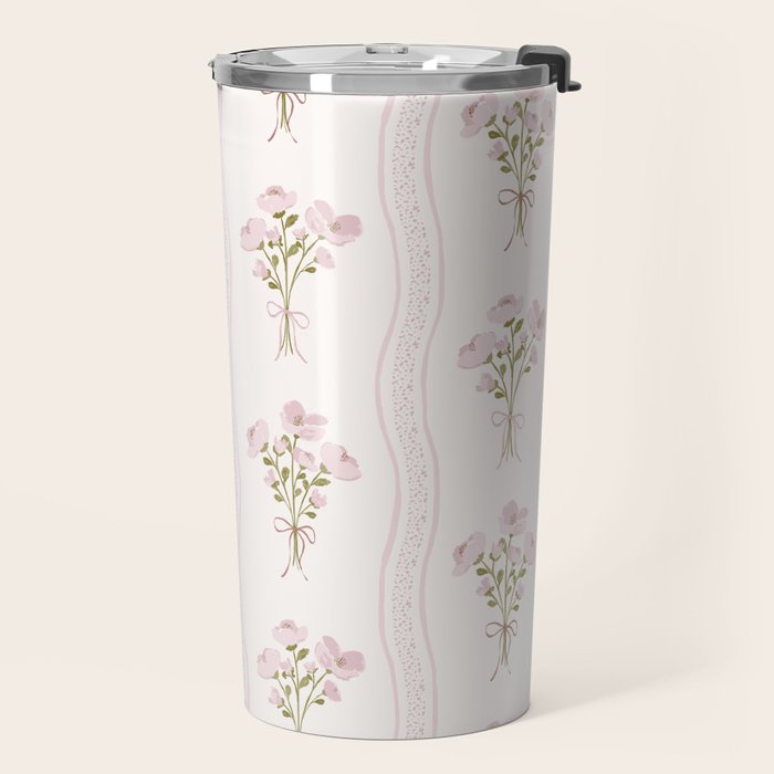 Delicate floral bouquets with vertical stripes - Pink and moss green pattern Travel Mug Gallery Image 2