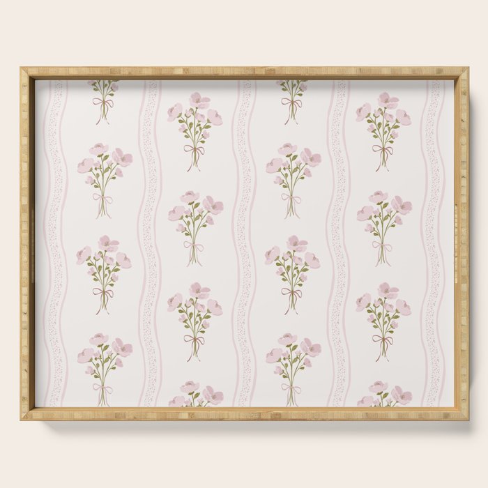 Delicate floral bouquets with vertical stripes - Pink and moss green pattern Serving Tray Gallery Image 1