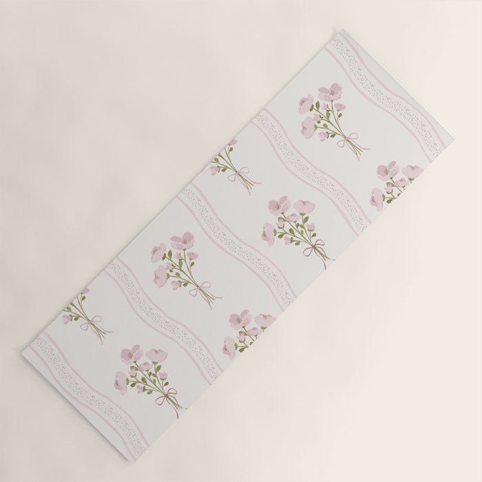 Delicate floral bouquets with vertical stripes - Pink and moss green pattern Yoga Mat Gallery Image 1