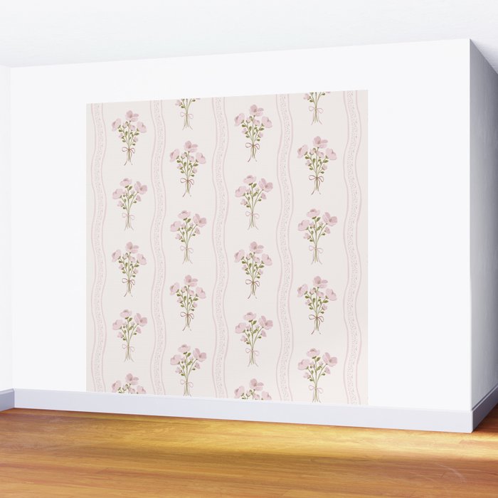 Delicate floral bouquets with vertical stripes - Pink and moss green pattern Wall Mural Gallery Image 2
