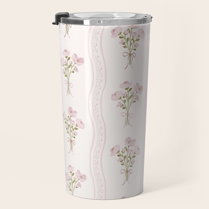 Delicate floral bouquets with vertical stripes - Pink and moss green pattern Travel Mug Gallery Image 3