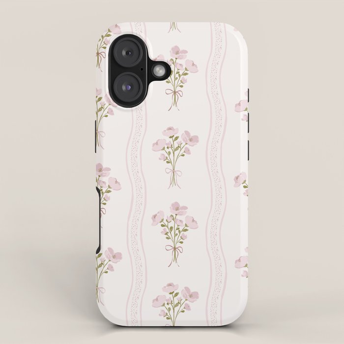 Delicate floral bouquets with vertical stripes - Pink and moss green pattern iPhone Case Gallery Image 1