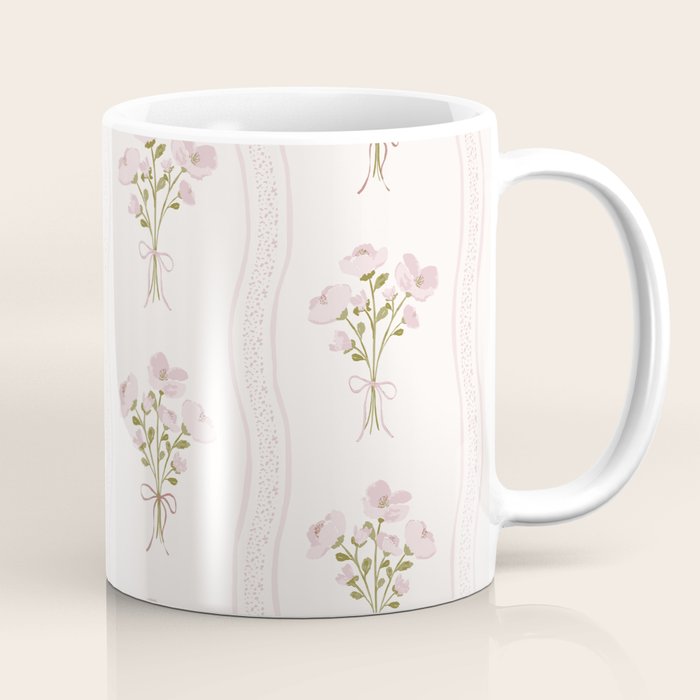 Delicate floral bouquets with vertical stripes - Pink and moss green pattern Coffee Mug Gallery Image 1