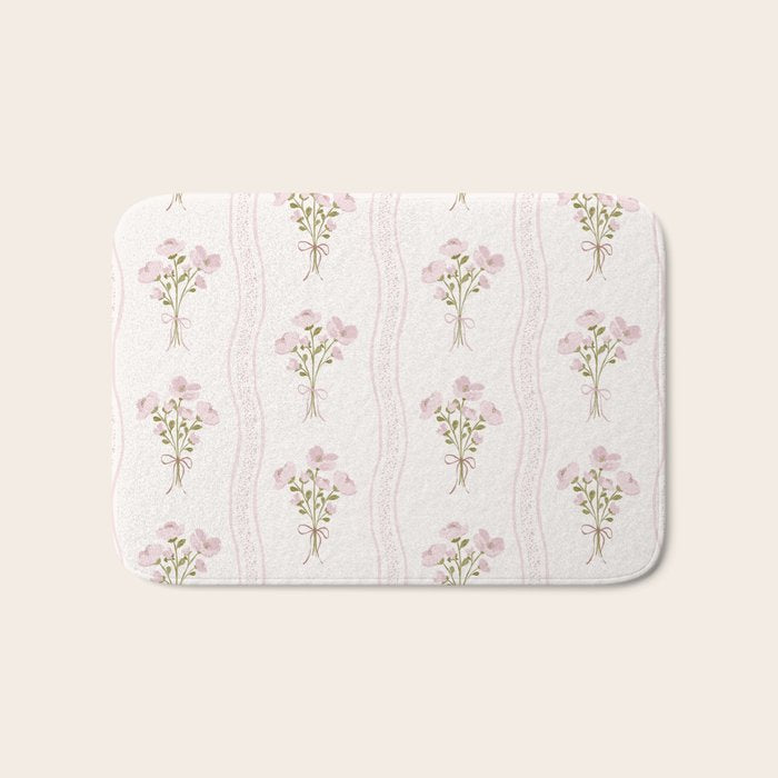 Delicate floral bouquets with vertical stripes - Pink and moss green pattern Bath Mat Gallery Image 1