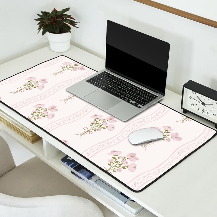 Delicate floral bouquets with vertical stripes - Pink and moss green pattern Desk Mat Gallery Image 2