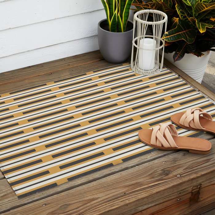 Pallet Stripes Minimal Geometric Pattern in Mustard Gold, Charcoal Gray, and Cream Outdoor Rug Gallery Image 2