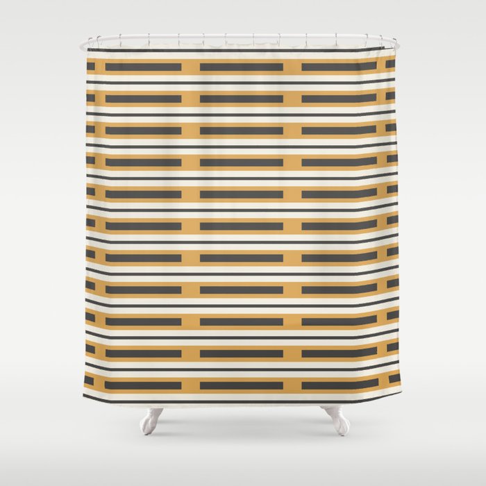 Pallet Stripes Minimal Geometric Pattern in Mustard Gold, Charcoal Gray, and Cream Shower Curtain Gallery Image 1