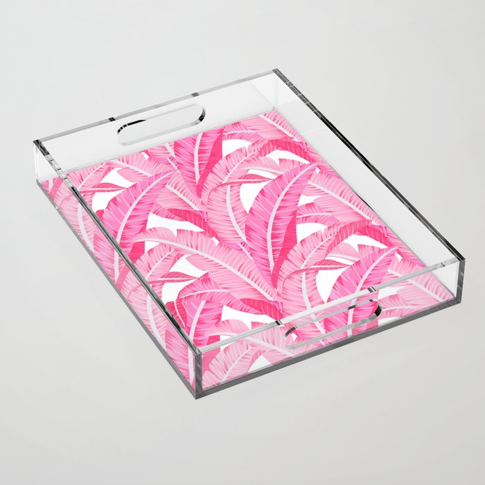 Pink banana leaves tropical pattern on white Acrylic Tray Gallery Image 1