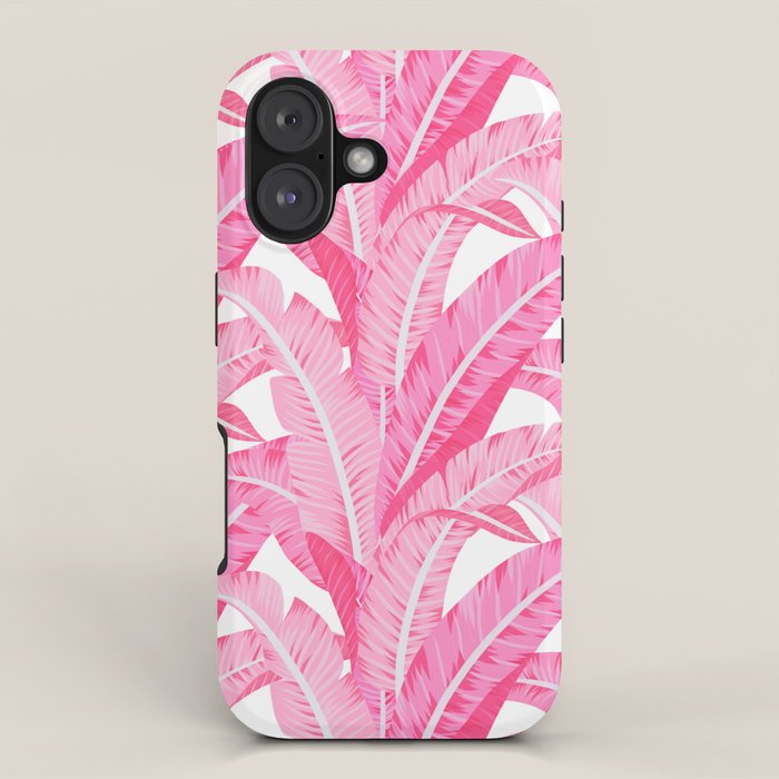 Pink banana leaves tropical pattern on white iPhone Case Gallery Image 1