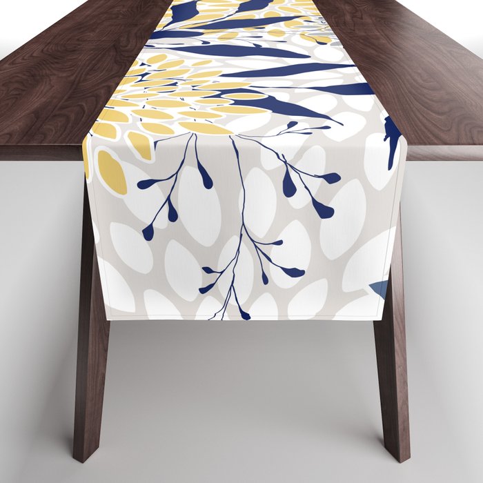 Floral Leaves and Blooms, Navy, Yellow, Gray Table Runner Gallery Image 1