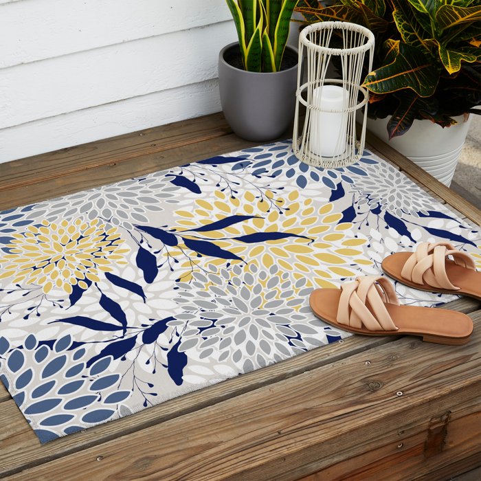 Floral Leaves and Blooms, Navy, Yellow, Gray Outdoor Rug Gallery Image 2