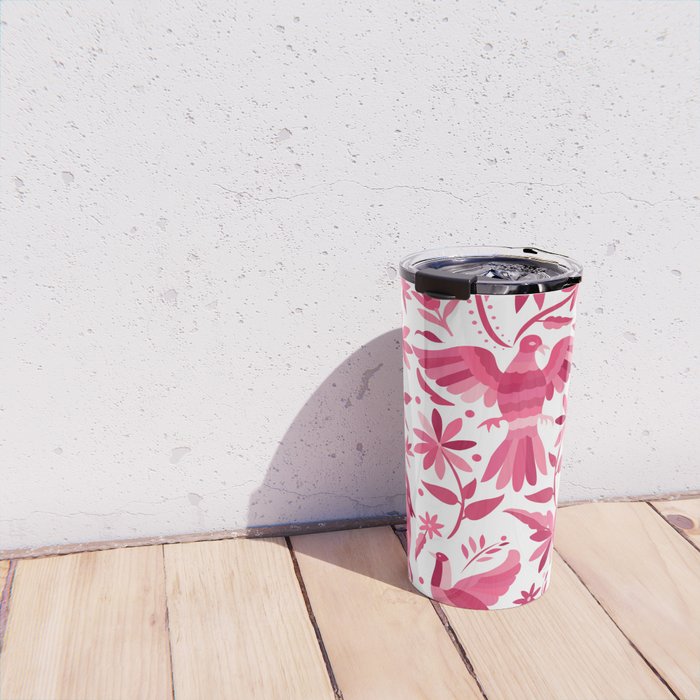 Mexican Otomi Design in Pink by Akbaly Travel Mug Gallery Image 4