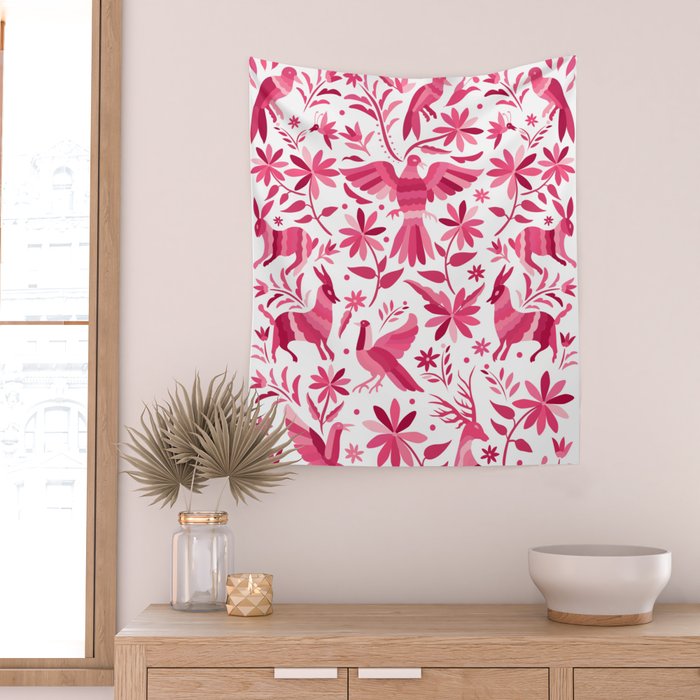 Mexican Otomi Design in Pink by Akbaly Wall Tapestry Gallery Image 2