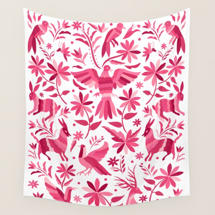 Mexican Otomi Design in Pink by Akbaly Wall Tapestry Gallery Image 1