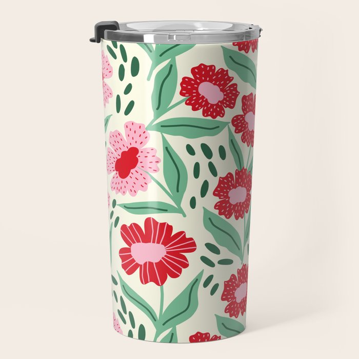 Summer Floral - red, green and pink Travel Mug Gallery Image 3