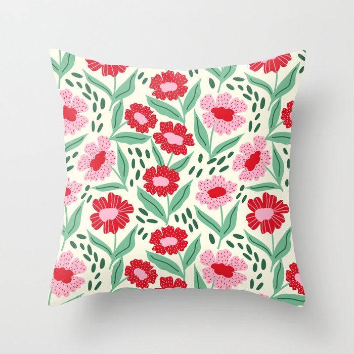Summer Floral - red, green and pink Throw Pillow Gallery Image 1