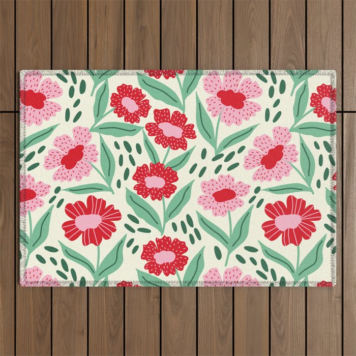 Summer Floral - red, green and pink Outdoor Rug Gallery Image 1
