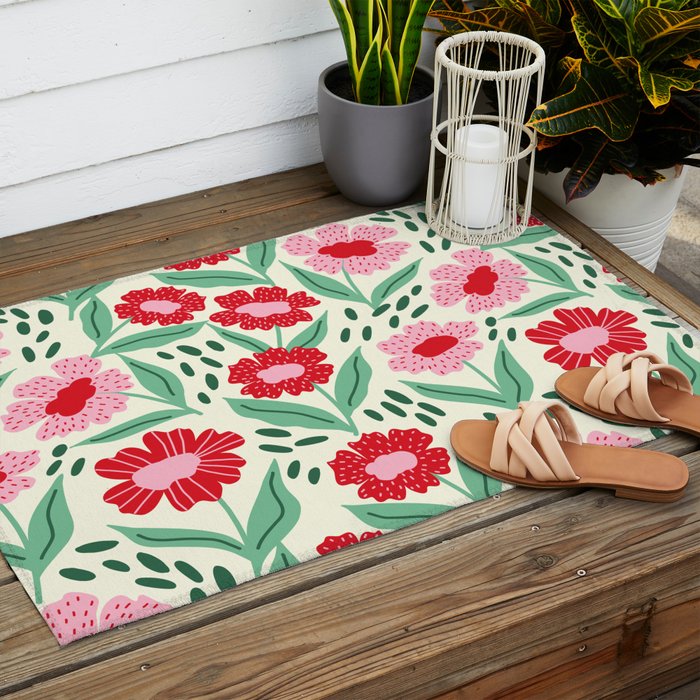 Summer Floral - red, green and pink Outdoor Rug Gallery Image 2