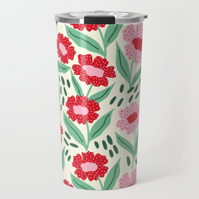 Summer Floral - red, green and pink Travel Mug Gallery Image 1