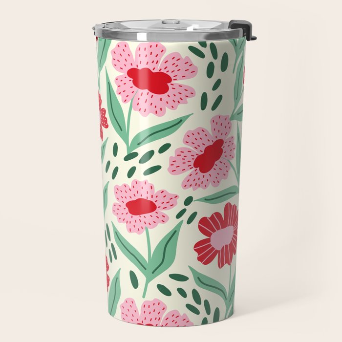 Summer Floral - red, green and pink Travel Mug Gallery Image 2