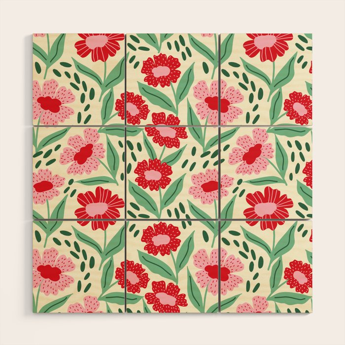 Summer Floral - red, green and pink Wood Wall Art Gallery Image 1