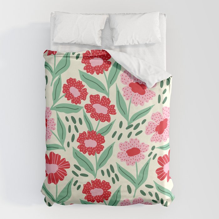 Summer Floral - red, green and pink Duvet Cover Gallery Image 1