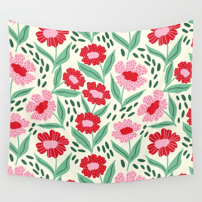 Summer Floral - red, green and pink Wall Tapestry Gallery Image 1