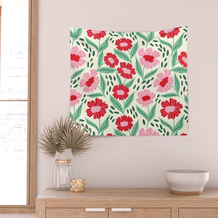 Summer Floral - red, green and pink Wall Tapestry Gallery Image 2