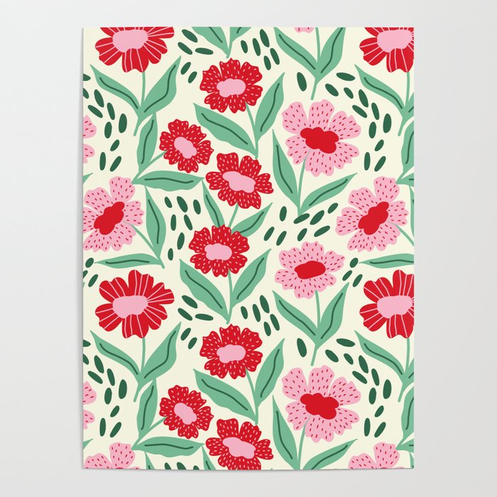Summer Floral - red, green and pink Poster Gallery Image 1